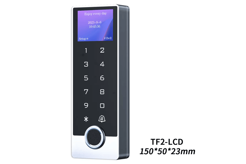 TF3-LCD terminal za kontrolu pristupa predstavljen je u uskom prednjem snimku proizvoda sa ekranom, tastaturom i donjim okruglim čitačem.