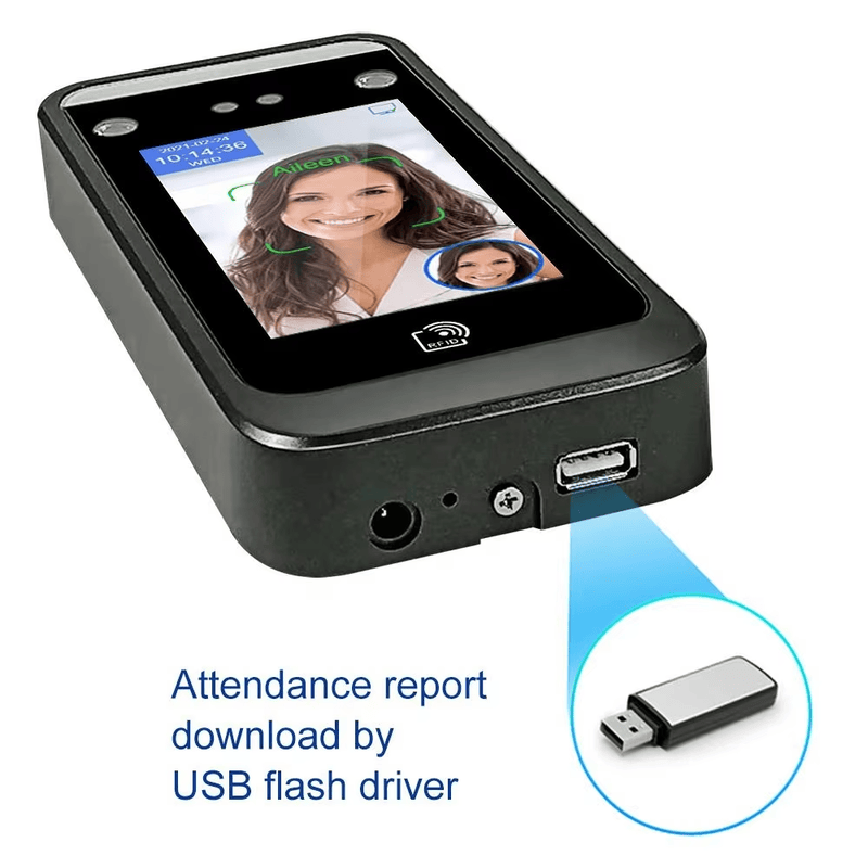 Biometrijski terminal za lica AI-01 je ponovo prikazan sa grafikom USB fleš diska za izvoz evidencije prisustva sa uređaja.