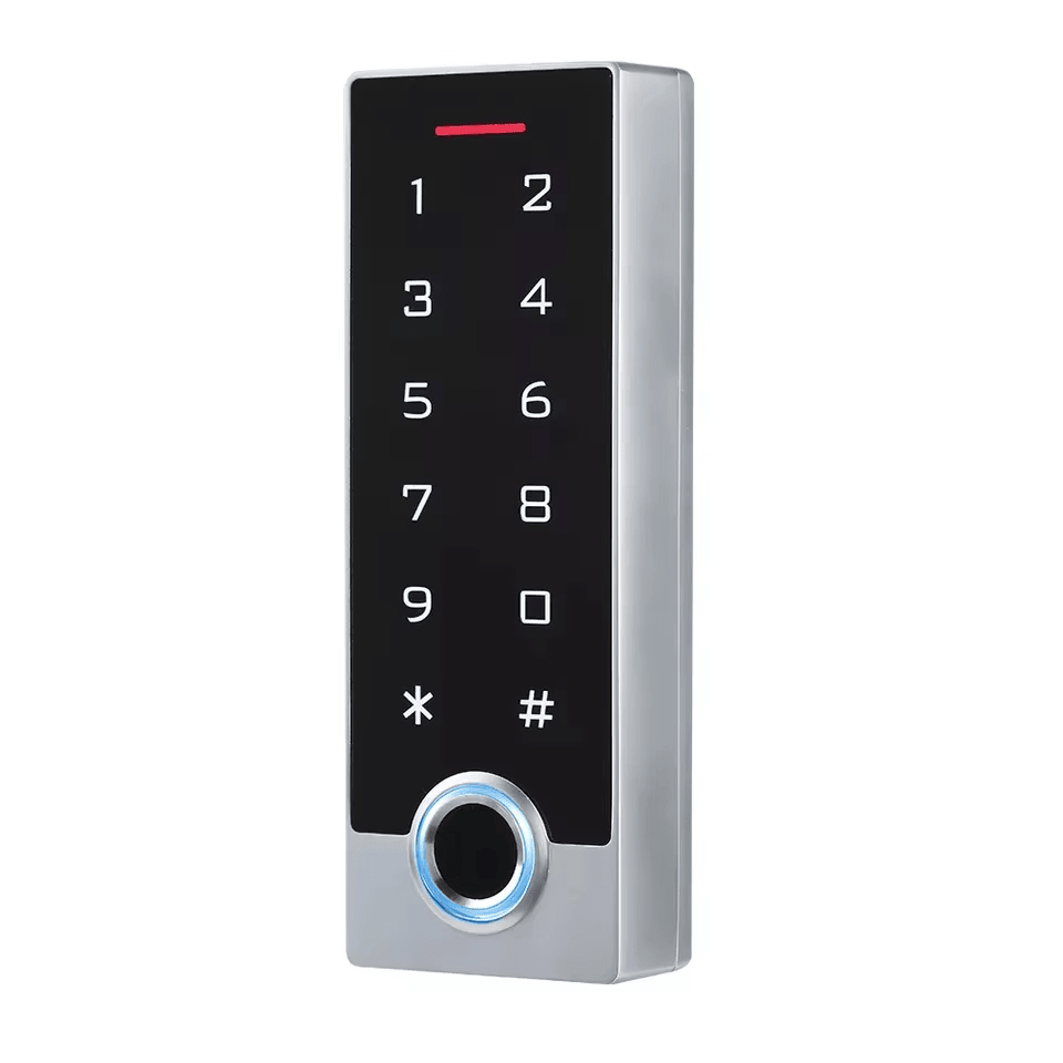 Ova slika prikazuje IP68 metalni terminal sa otiskom – RFID-om i tastaturom i ističe poliranu ivicu za primene iz kategorije Biometrijski terminali za kontrolu pristupa.