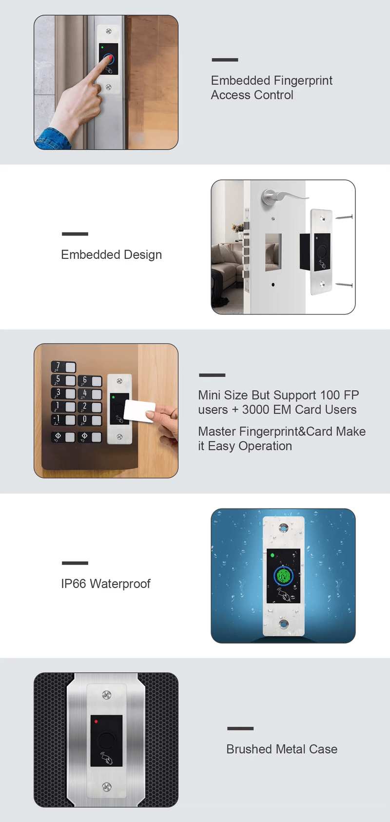 IP66 RFID pristupni terminal sa čitačem otiska prsta za spoljna vrata prikazan sa fokusom na detalj čipa za projekte biometrijskih pristupnih terminala.