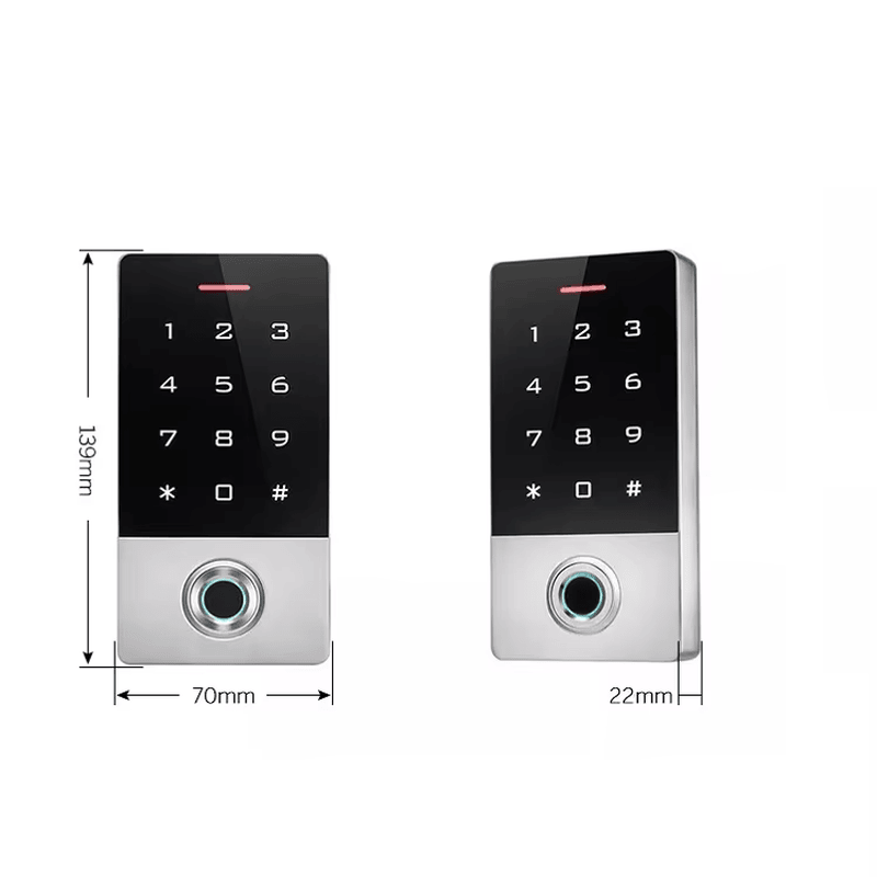 IP68 RFID terminal sa čitačem otiska prsta za Wiegand vrata, fotografija proizvoda koja prikazuje dizajn veličine novčanika u kategoriji biometrijskih terminala za kontrolu pristupa.