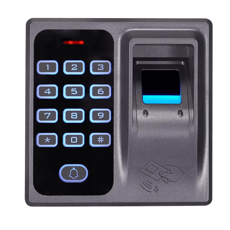 Samostalni RFID kontroler sa čitačem otiska prsta i Wiegand izlazom prikazan sa zidnim nosačem za kupce koji upoređuju rešenja biometrijskih terminala za kontrolu pristupa.