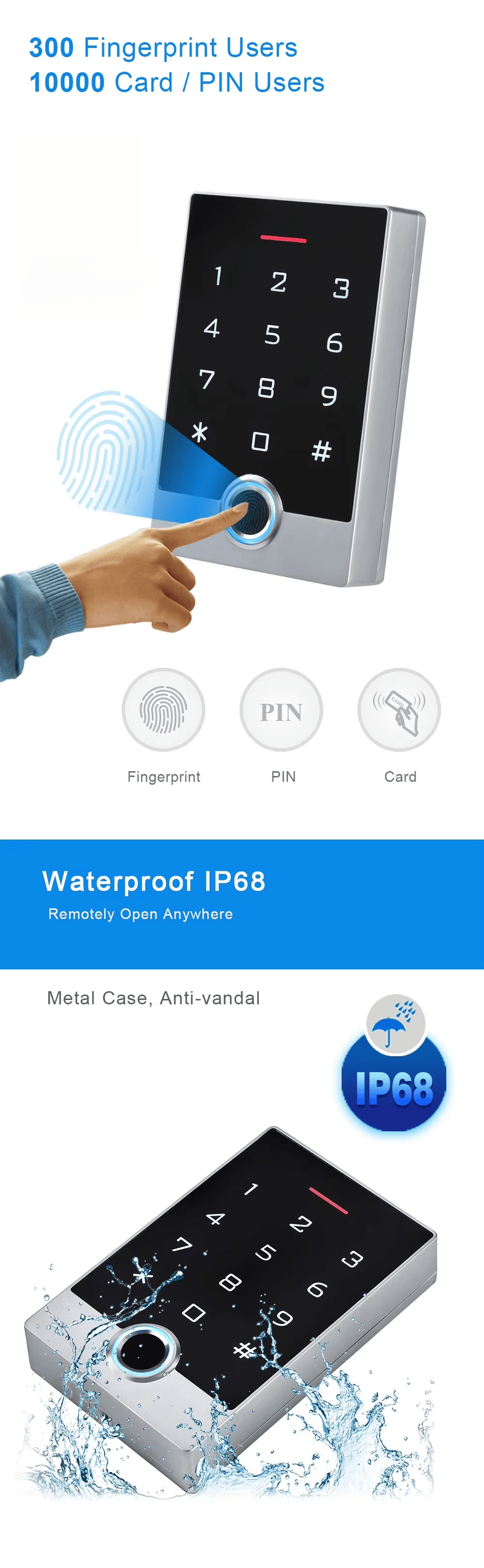 Tuya WiFi terminal za kontrolu pristupa sa otiskom prsta i RFID čitačem prikazan sa fokusom na LED indikator za projekte biometrijskih terminala za kontrolu pristupa.