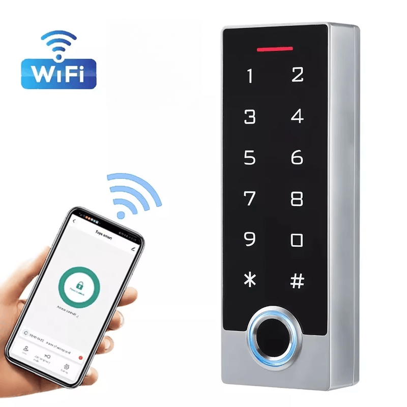 Tuya WiFi terminal za kontrolu pristupa sa otiskom prsta i RFID čitačem prikazan iz perspektive vodootpornog kućišta za primene biometrijskih terminala za kontrolu pristupa.