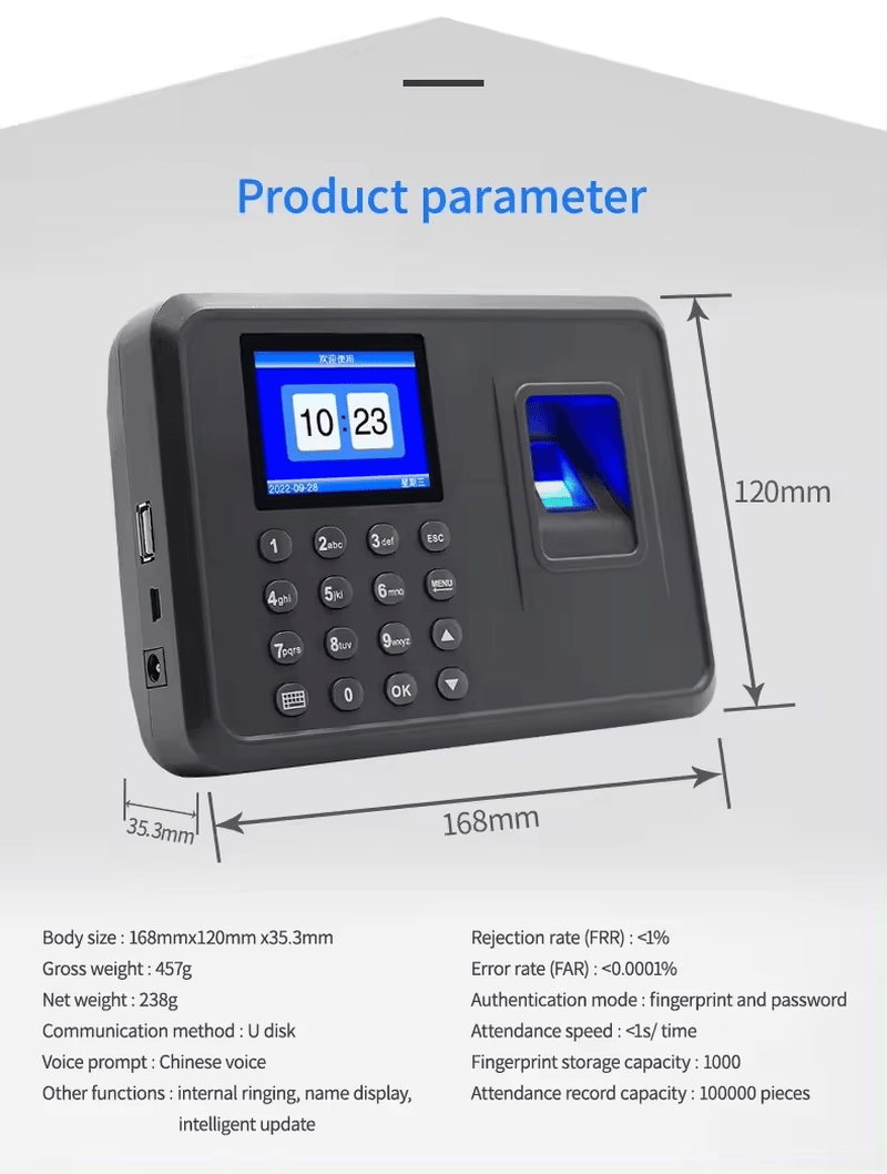 USB terminal za evidenciju radnog vremena sa čitačem otiska prsta za kancelarije – fotografija proizvoda koja prikazuje završnu obradu materijala u kategoriji biometrijskih terminala za kontrolu pristupa.