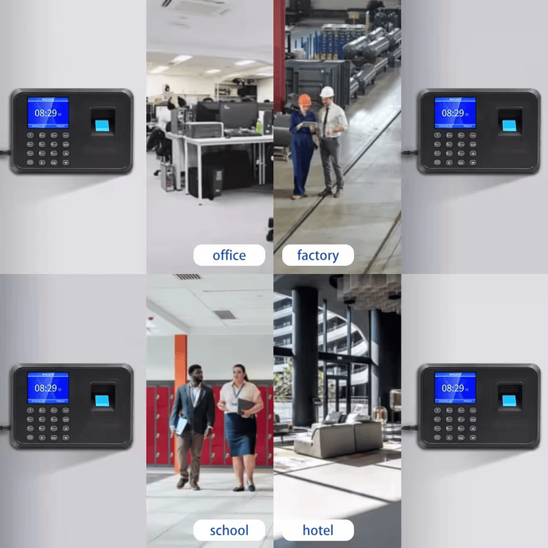 USB terminal za evidenciju prisustva putem otiska prsta za kancelarije prikazan sa fokusom na štampani logo za projekte biometrijskih terminala za kontrolu pristupa.