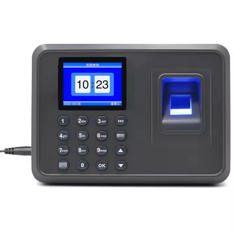 USB terminal za evidenciju prisustva putem otiska prsta za kancelarije prikazan iz perspektive jasnog dizajna za zidnu montažu za primene biometrijskih terminala za kontrolu pristupa.