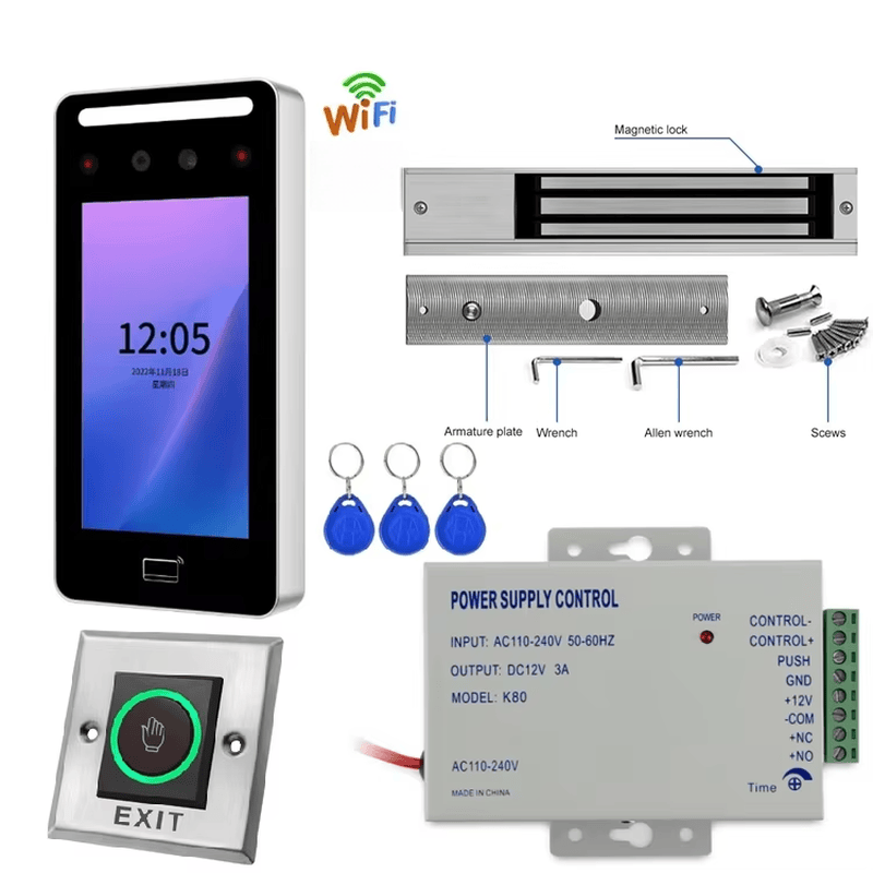 Slika kompleta FV-5 Tuya terminala za pristup sa prepoznavanjem lica prikazuje kontroler, magnetnu bravu, izlazno dugme i RFID privjeske za pristup vratima.