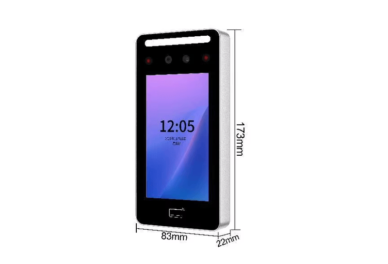 Na slici dimenzija FV-5 Tuya terminala za pristup pomoću lica prikazano je metalno kućište sa prednjim ekranom i označene su ukupne dimenzije uređaja.