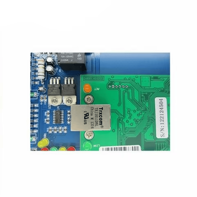 Krupni prikaz ploče kontrolera WG02 usredsređen je na Ethernet modul i napojni deo i indikatorska svetla na PCB-u.
