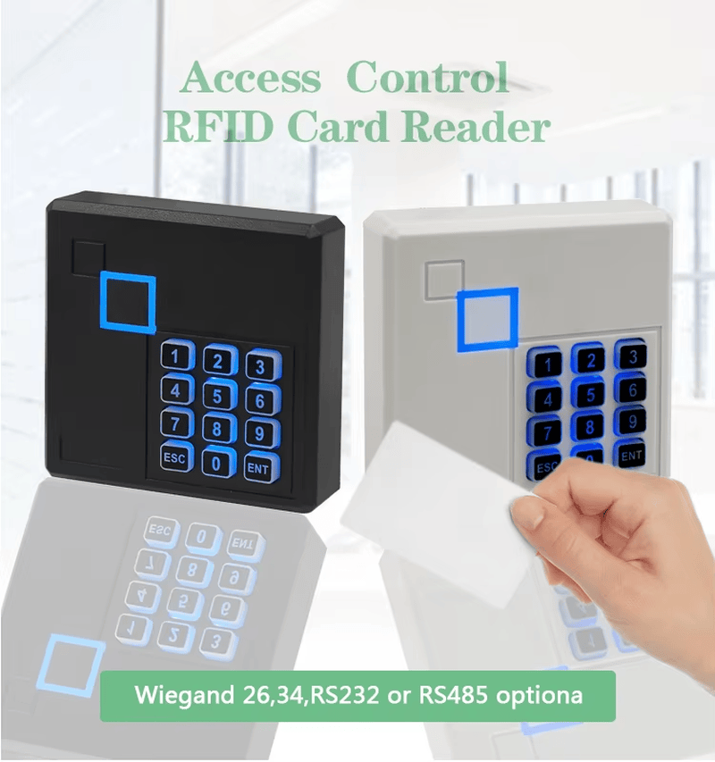 LF HF RFID čitač kartica za sisteme kontrole pristupa prikazan sa instalacijom za ulazna vrata za kupce koji upoređuju rešenja RFID pristupnih čitača.