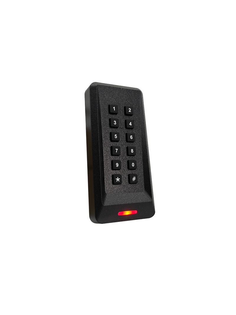 Ova slika prikazuje vodootporni RFID čitač sa tastaturom za spoljni pristup na vratima, zidne montaže, za primene čitača pristupa sa tastaturom.