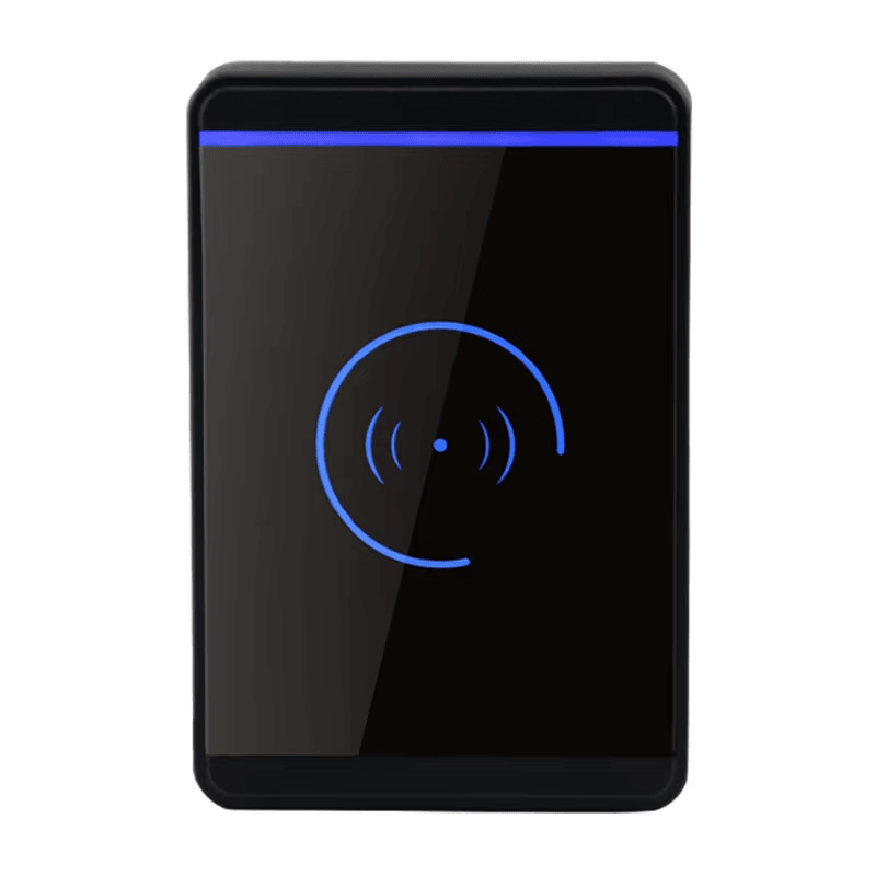 Fotografija proizvoda NFC RFID čitač za testiranje usklađenosti koja prikazuje instalaciju na ulaznim vratima u kategoriji RFID pristupnih čitača.