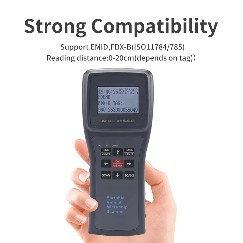 Slika ručnog skenera mikročipova VS-134 Series ističe kompatibilnost s EMID i FDX-B oznakama uz domet očitavanja od 0 do 20 cm.