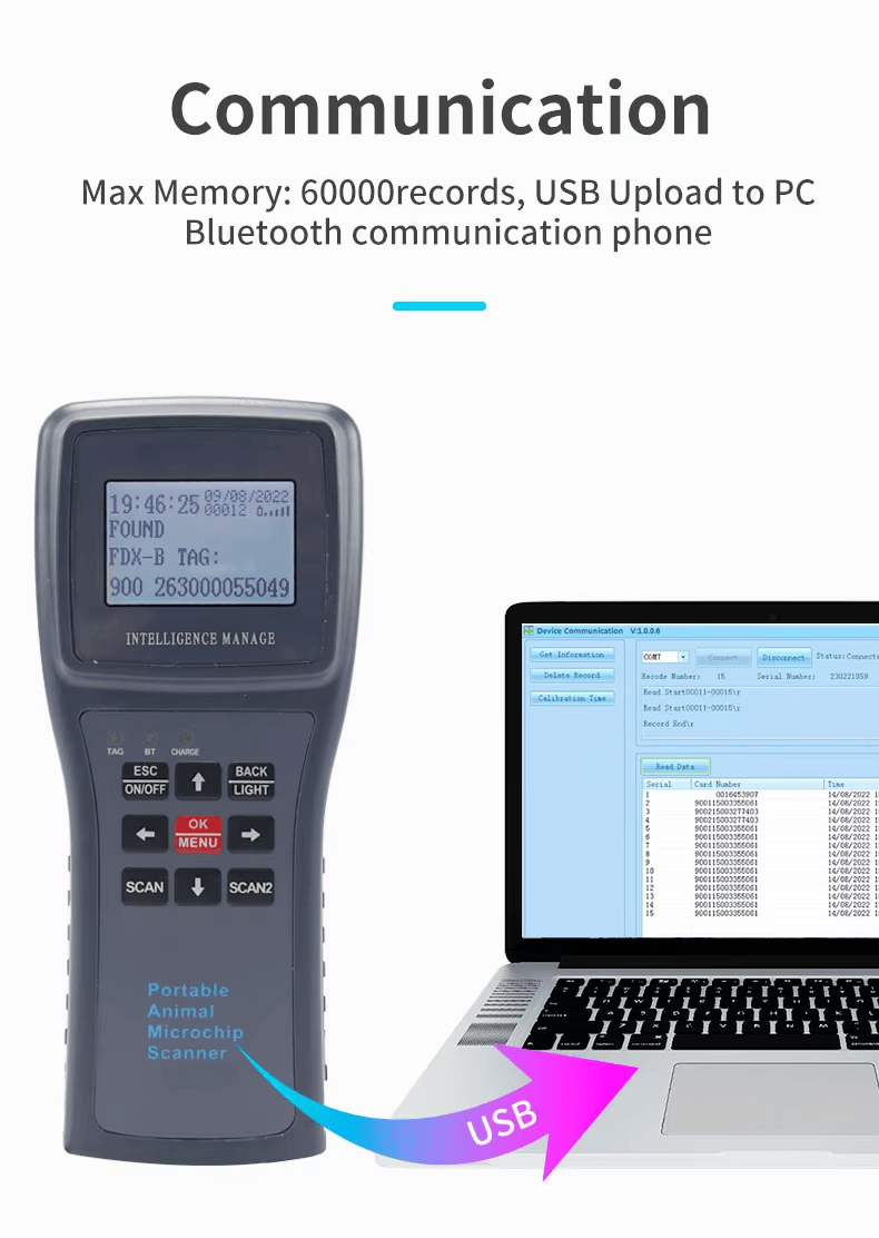 Slika komunikacije VS-134 serije koja prikazuje memoriju od 60000 zapisa plus USB prenos na PC i Bluetooth vezu sa telefonom.
