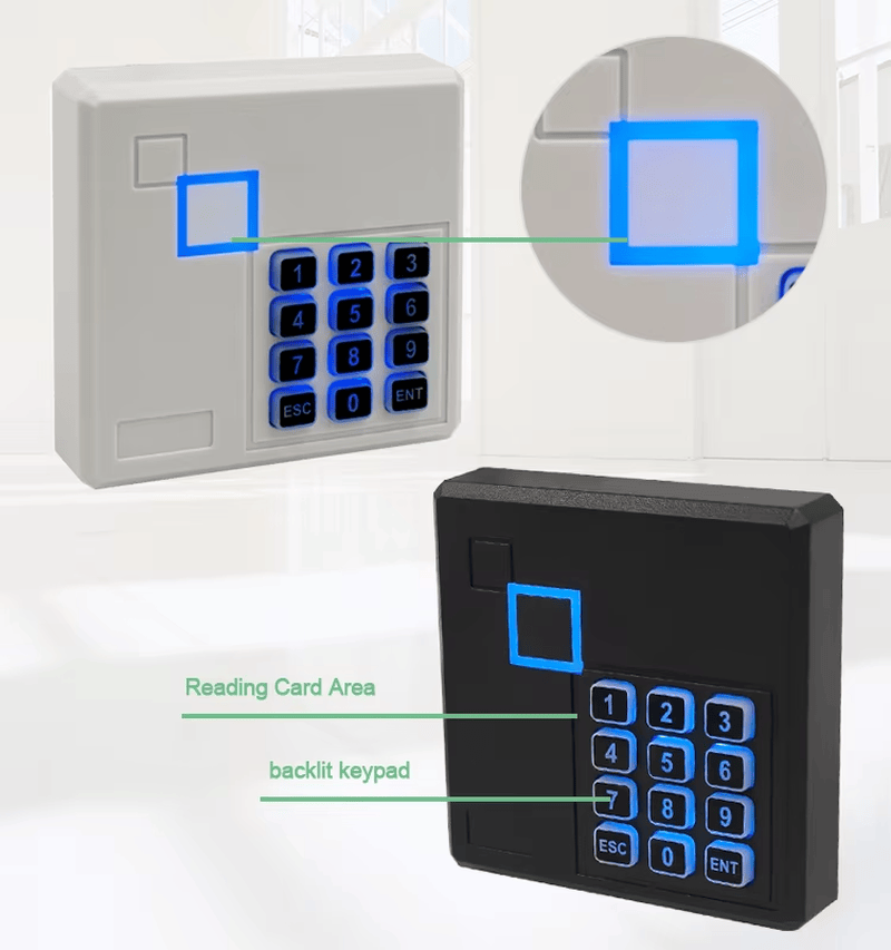 Bezbednosni čitač 103-2634 podržava dualne režime autentifikacije, uključujući RFID očitavanje kartice i unos bezbednog PIN koda za zgrade.