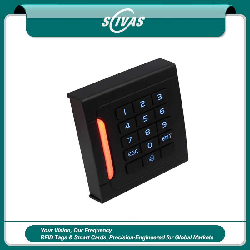 Pogled spreda na beskontaktni RFID pristupni čitač 301A-2634 prikazuje elegantno crno kvadratno ABS kućište i ugrađeni LED indikator statusa.