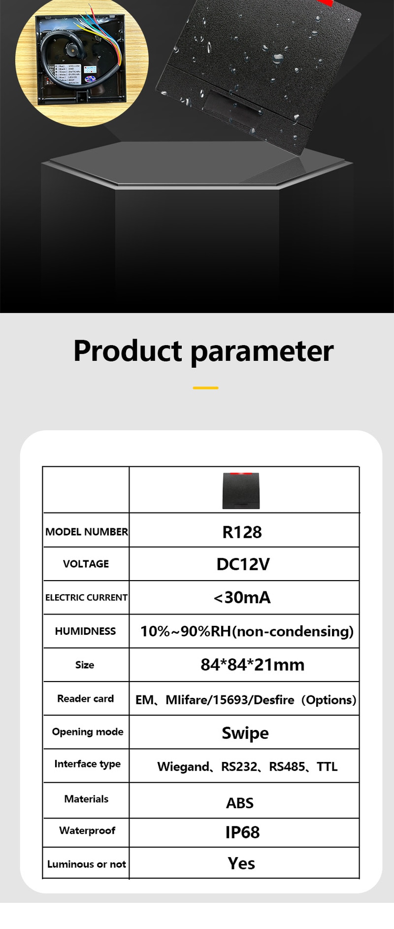 Ova slika prikazuje RFID pristupni čitač za kancelarijska vrata sa priključnom klemom za aplikacije RFID pristupnih čitača.