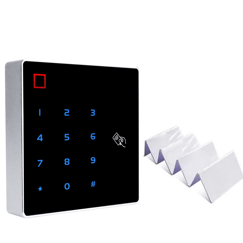NFC čitač sa tastaturom J102H-DF prikazan je pored nekoliko praznih kartica radi prikaza kontrole pristupa zasnovane na karticama.