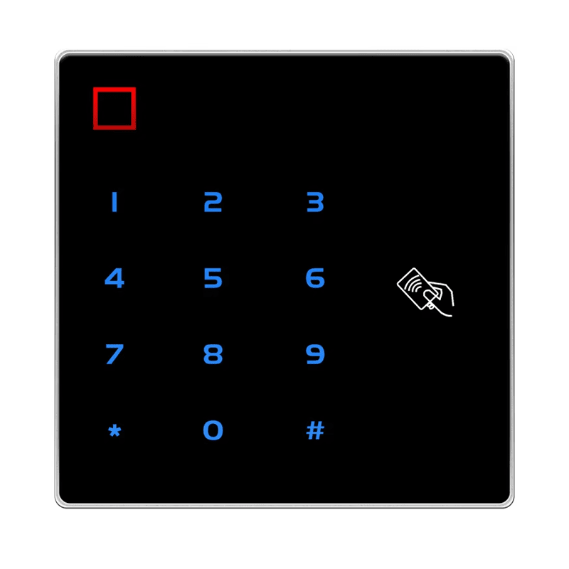 Prednja ploča NFC čitača sa tastaturom J102H-DF prikazuje plave brojeve na dodir i ikonu beskontaktne kartice.