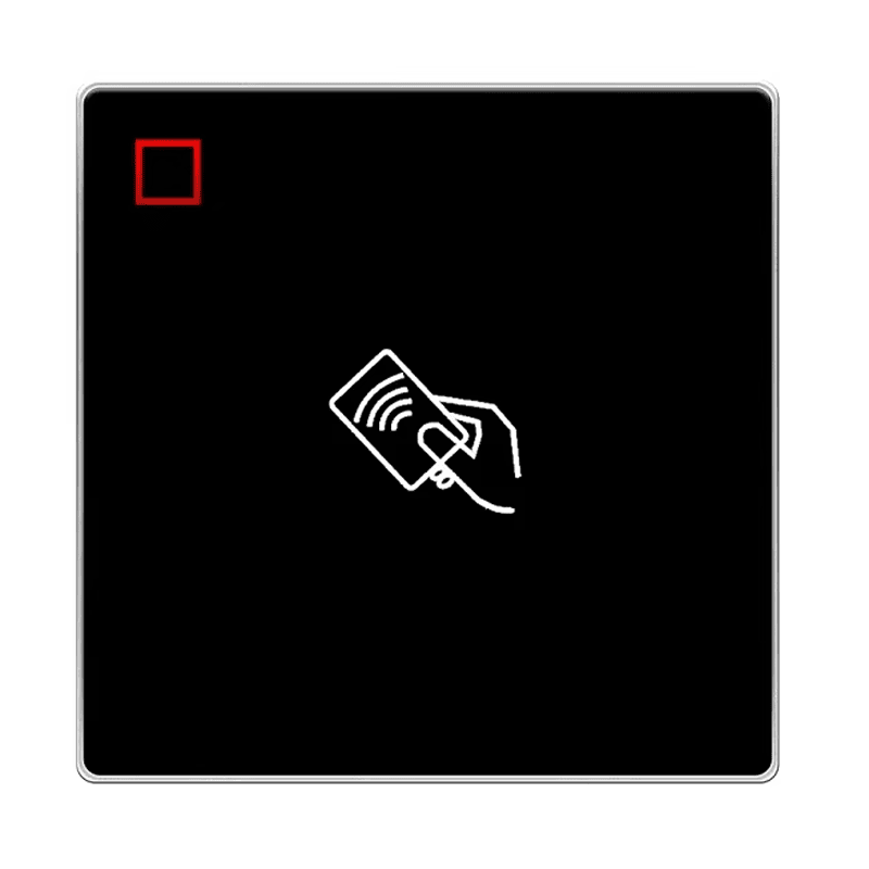 Direktan prednji pogled prikazuje NFC pristupni čitač J102H-DF sa crnom staklenom površinom i belim simbolom za prislanjanje kartice.