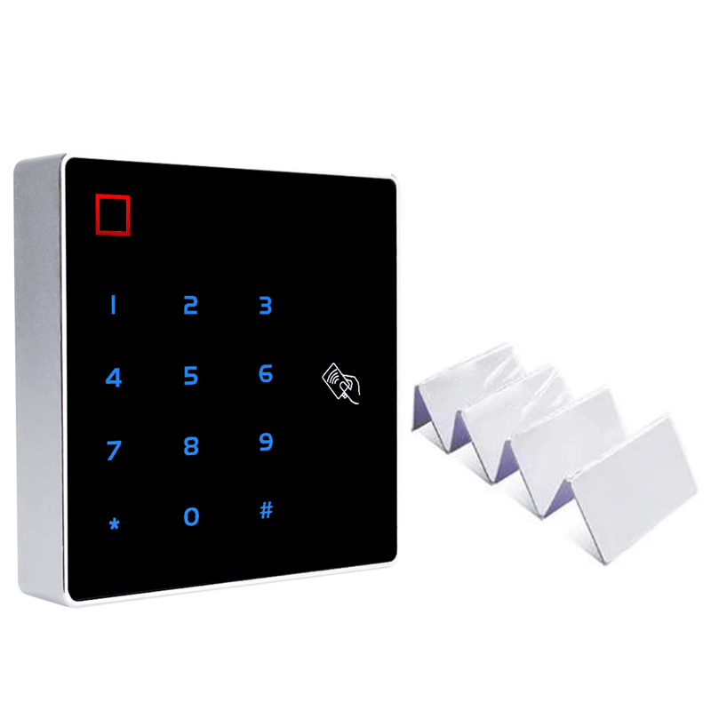 Fotografija čitača sa tastaturom J103H-DF pod uglom prikazuje ga pored nekoliko praznih RFID kartica za predstavljanje pristupnih akreditacija.