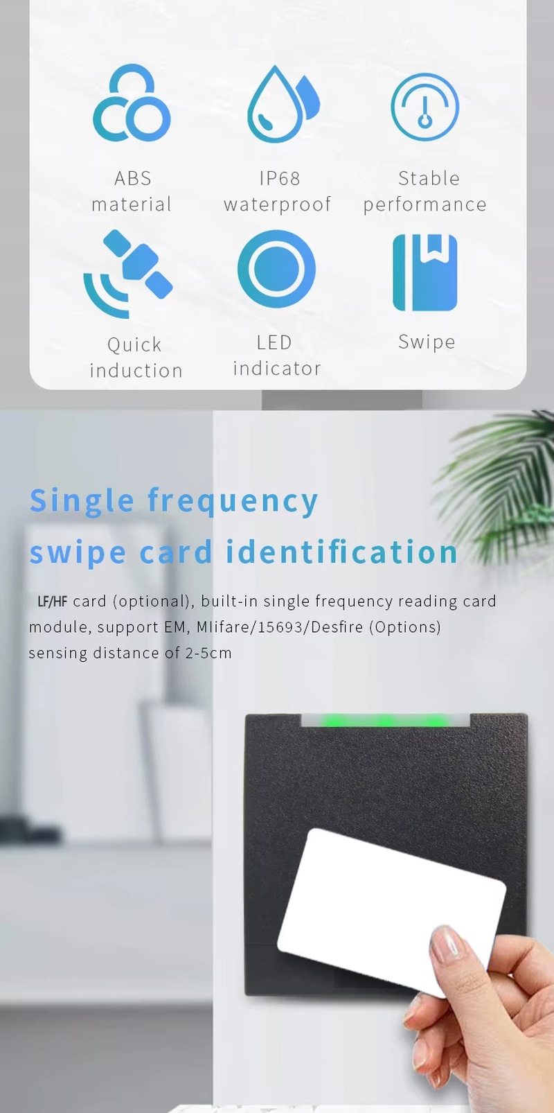 Spoljni RFID pristupni čitač sa IP68 kućištem prikazan sa detaljem čipa za kupce koji upoređuju rešenja RFID pristupnih čitača.