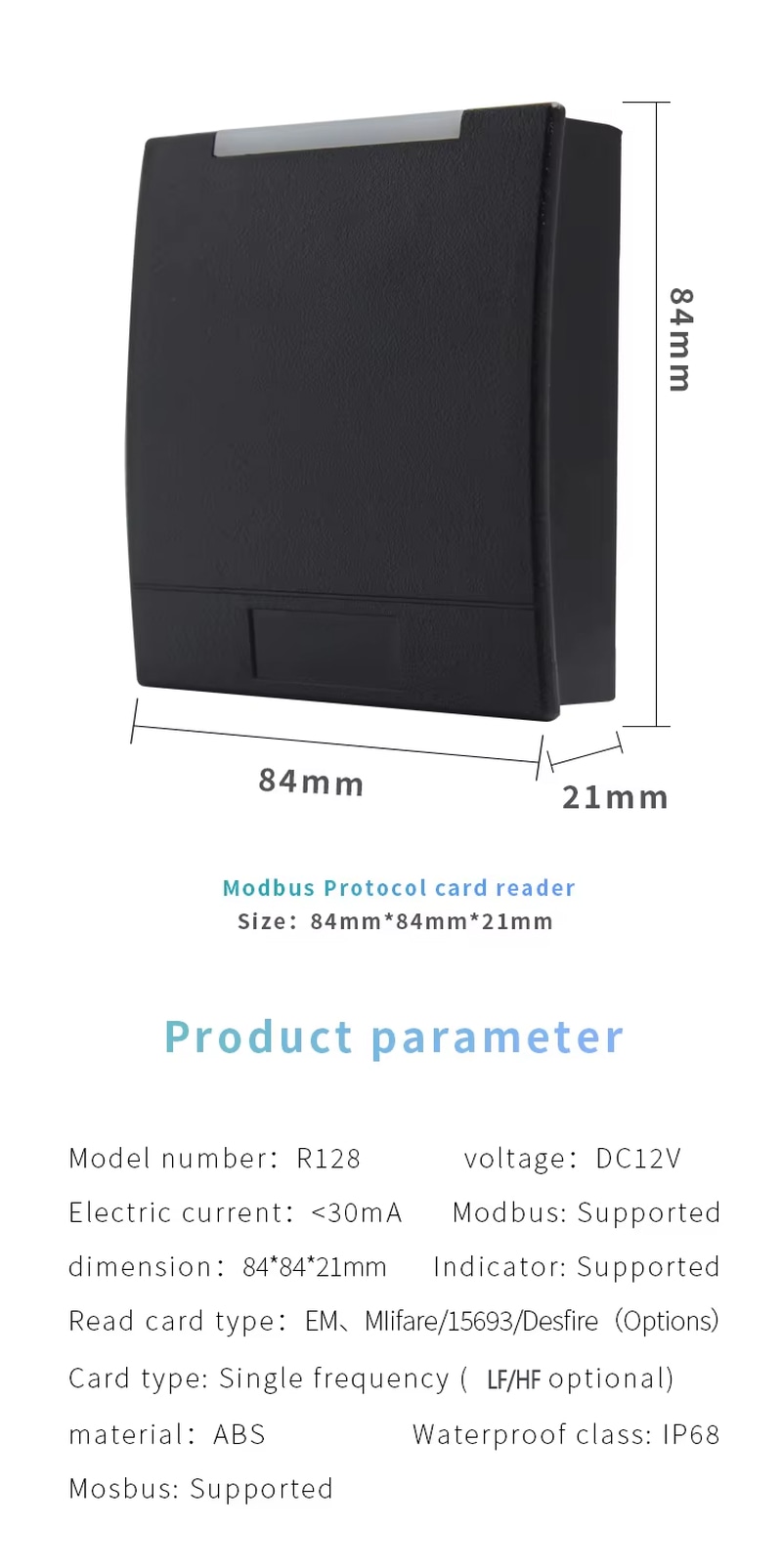 Spoljni RFID pristupni čitač sa IP68 kućištem, fotografija proizvoda koja prikazuje dizajn veličine novčanika u kategoriji RFID pristupnih čitača.