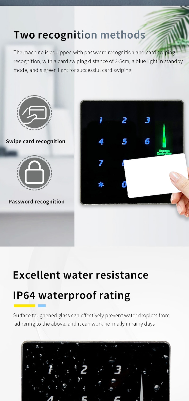 ZY-S631 samostalni pristupni terminal podržava verifikaciju RFID kartice i PIN pristup putem touch tastature za bezbednu kontrolu vrata