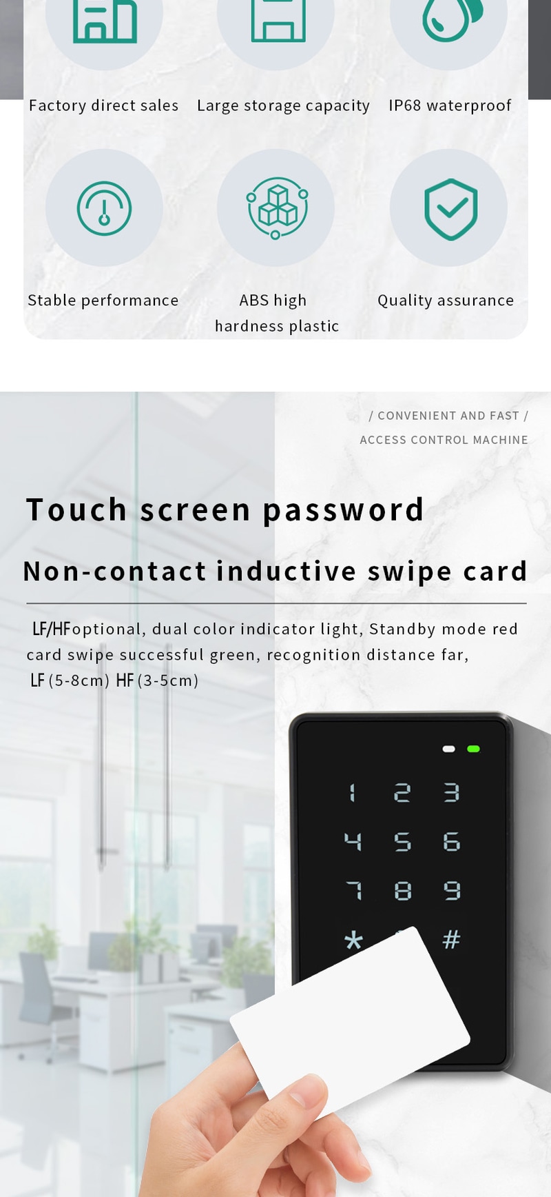 ZY-S699 ABS terminal podržava više režima autentifikacije, uključujući čitanje blizinske RFID kartice i unos digitalnog PIN koda radi povećane bezbednosti