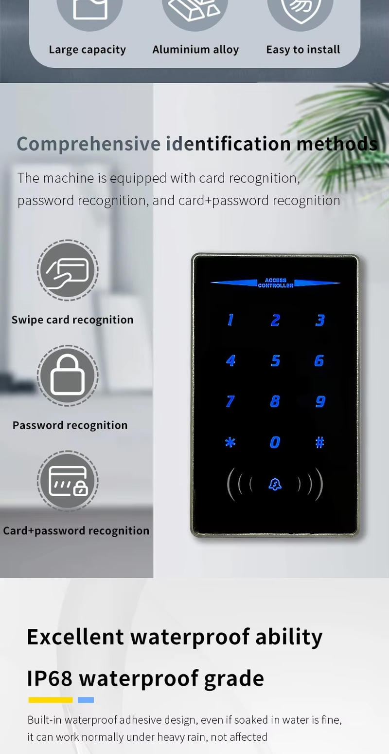 Ovaj ZY-sm630 samostalni kontroler pristupa podržava više metoda autentifikacije, uključujući RFID kartice za blizinu i PIN kodove na tastaturi osetljivoj na dodir, radi bezbednosti