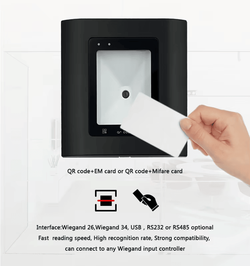 Wiegand QR kod RFID čitač za pristup za bezbednost vrata prikazan sa prednjim panelom sa tastaturom za kupce koji upoređuju rešenja čitača QR koda za pristup.