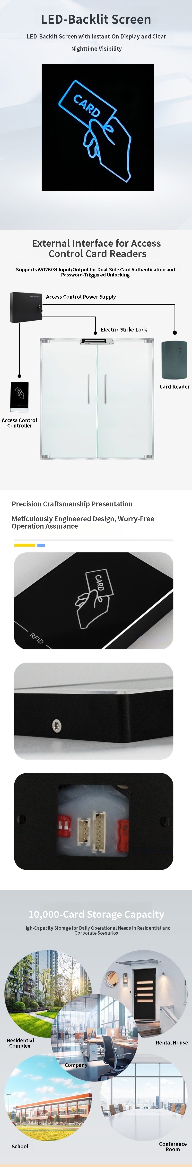 Čitač blizinskih kartica za siguran pristup vratima prikazan iz perspektive čiste prednje tastature za primene RFID pristupnih čitača.