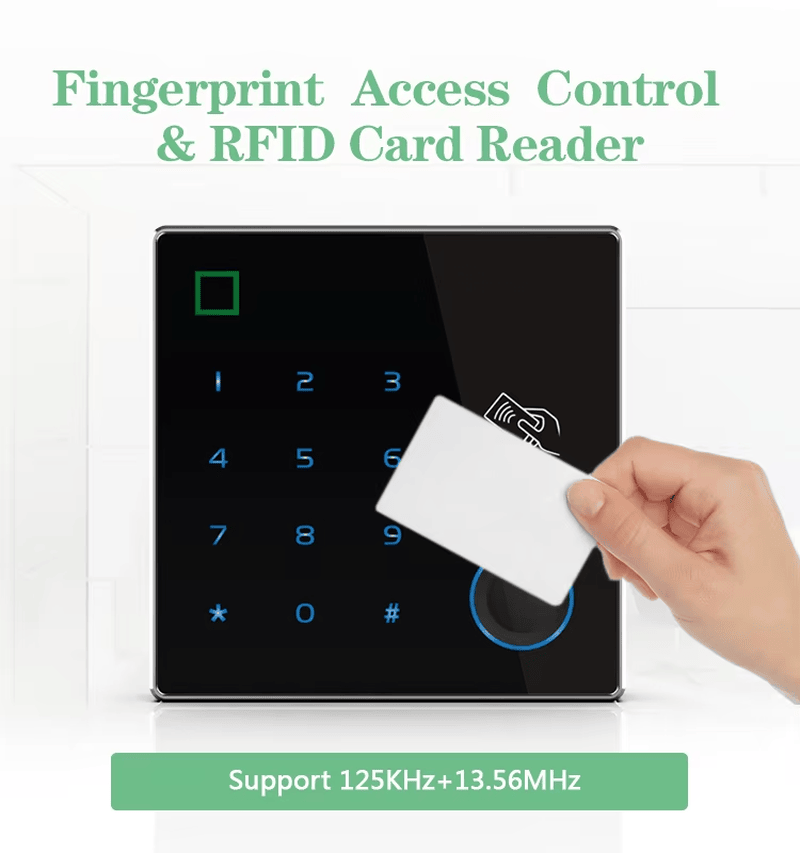 Ova slika prikazuje kompaktni dvofrekventni RFID pristupni terminal sa čitačem otiska prsta sa prednjom tastaturom za primene biometrijskih terminala za kontrolu pristupa.