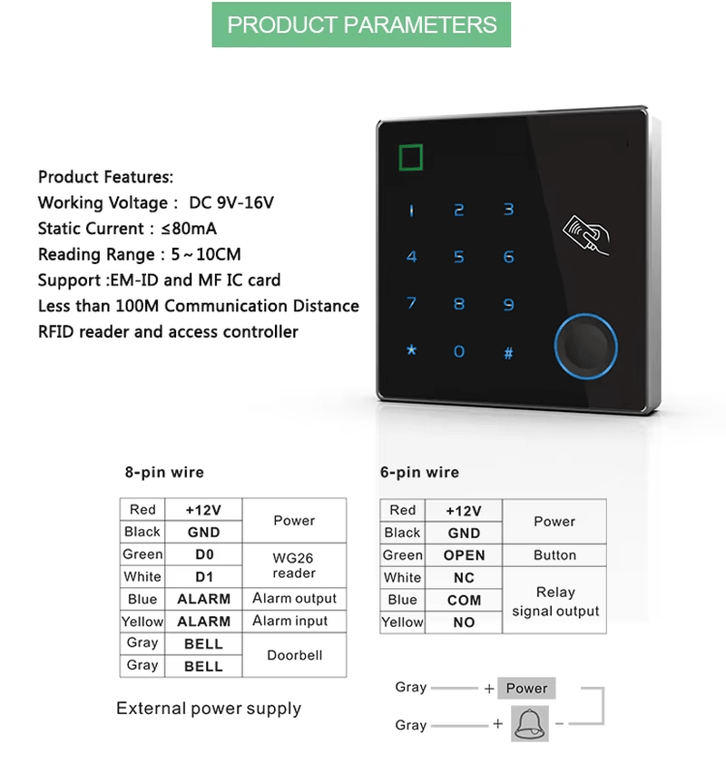 Kompaktni dvofrekventni RFID pristupni terminal sa čitačem otiska prsta prikazan sa fokusom na bezbednosni sistem za projekte biometrijskih terminala za kontrolu pristupa.