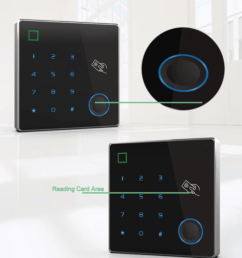 Kompaktni dvofrekventni RFID pristupni terminal sa čitačem otiska prsta prikazan sa dizajnom za zidnu montažu za kupce koji upoređuju rešenja biometrijskih terminala za kontrolu pristupa.