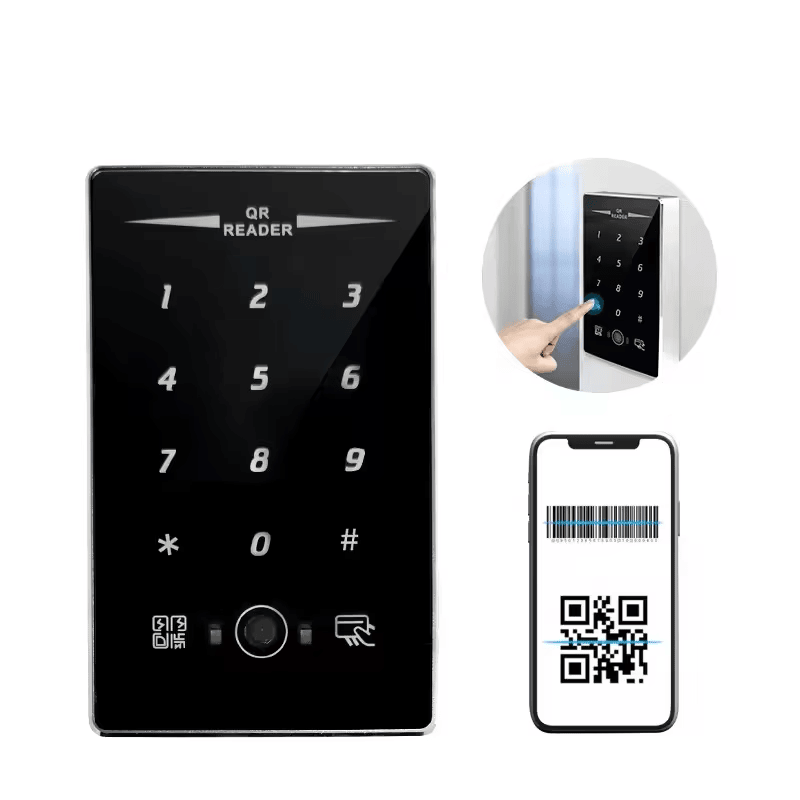 Prikaz čitača 08QR sa tastaturom na dodir pod uglom ističe izdržljivo kućište od legure cinka i odzivni numerički ekran osetljiv na dodir za bezbednost kancelarije.