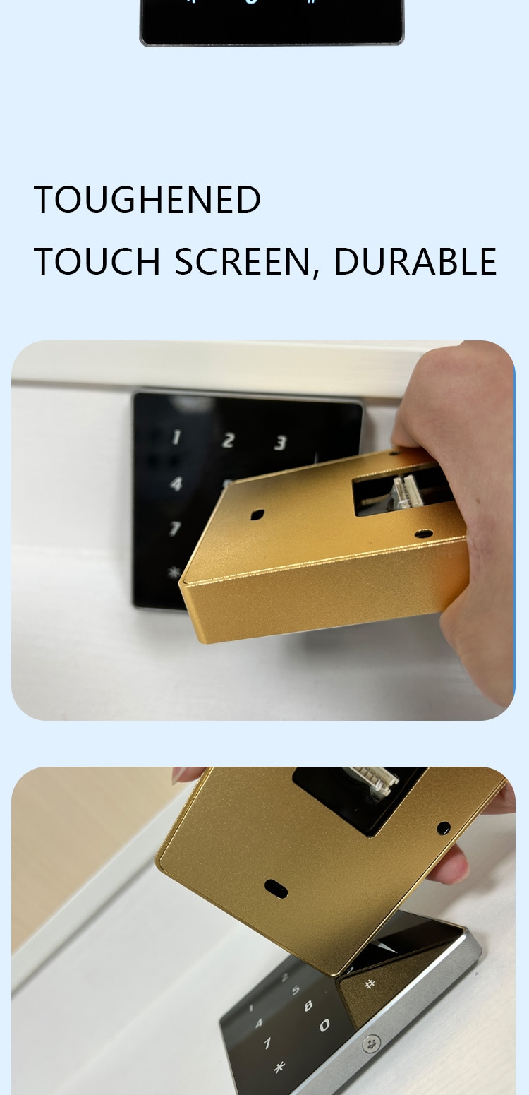 125KHz RFID kancelarijski čitač za vrata sa staklenom tastaturom, fotografija proizvoda koja prikazuje dizajn veličine novčanika u kategoriji čitača sa ekranom osetljivim na dodir.