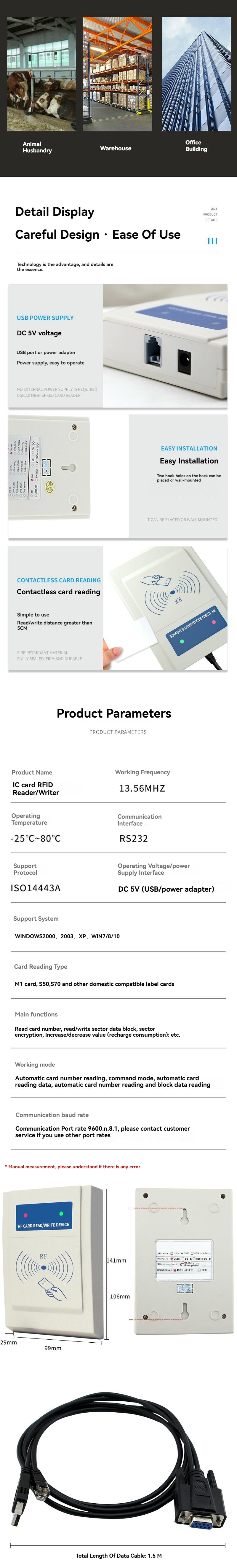Infografik prikazuje parametre proizvoda KA-R10 HF RFID čitača, opcije priključnog interfejsa, dimenzionalne crteže i priloženi USB kabl za povezivanje.