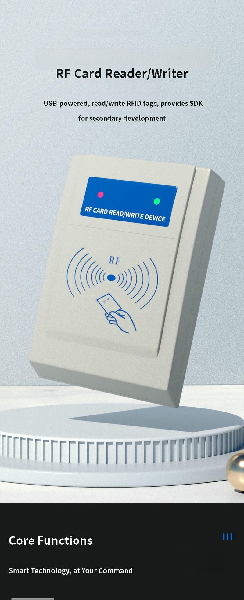 Promotivna slika KA-R10 HF RFID čitača/pisača kartica koja ističe napajanje preko USB-a i podršku za SDK za sekundarni razvoj.