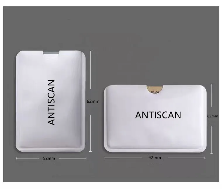 Dve ANTISCAN RFID futrole prikazane su vertikalno i horizontalno sa kotama na sivoj pozadini za referencu veličine.
