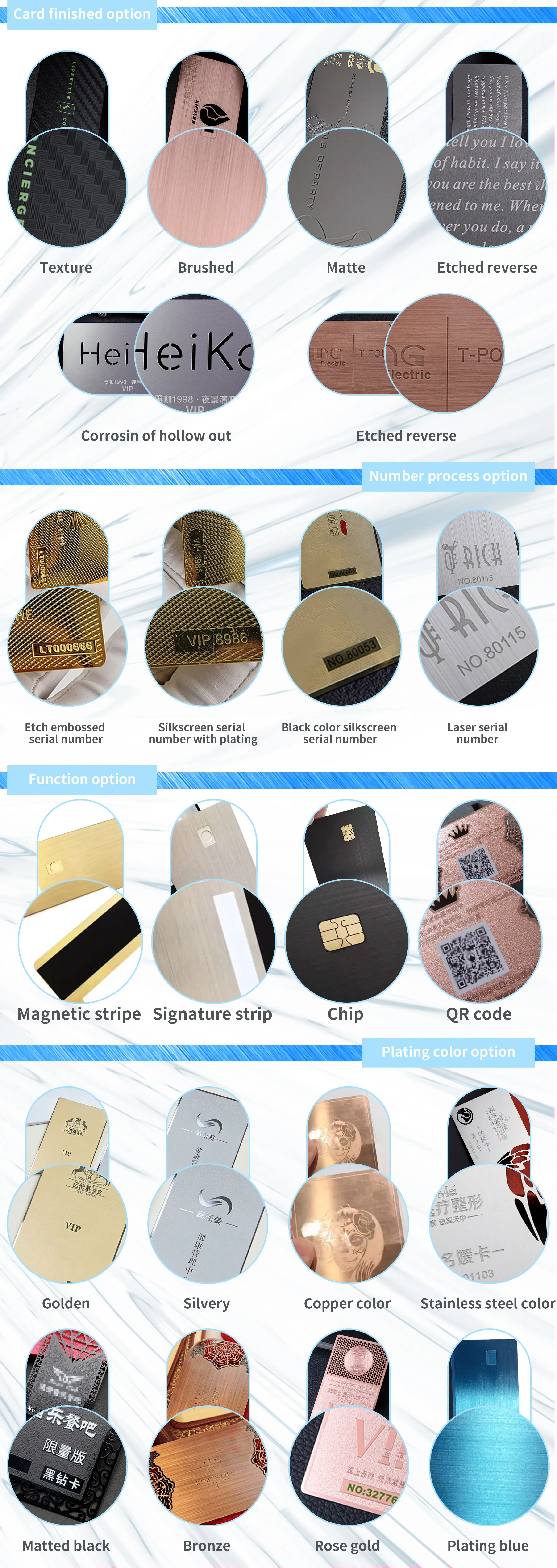 Prilagođene brushed metal vizit-karte za brendove, prikazane u odeljku sa opisom sa detaljnim prikazom brendiranja i rasporeda za primene metalnih vizitkarti.
